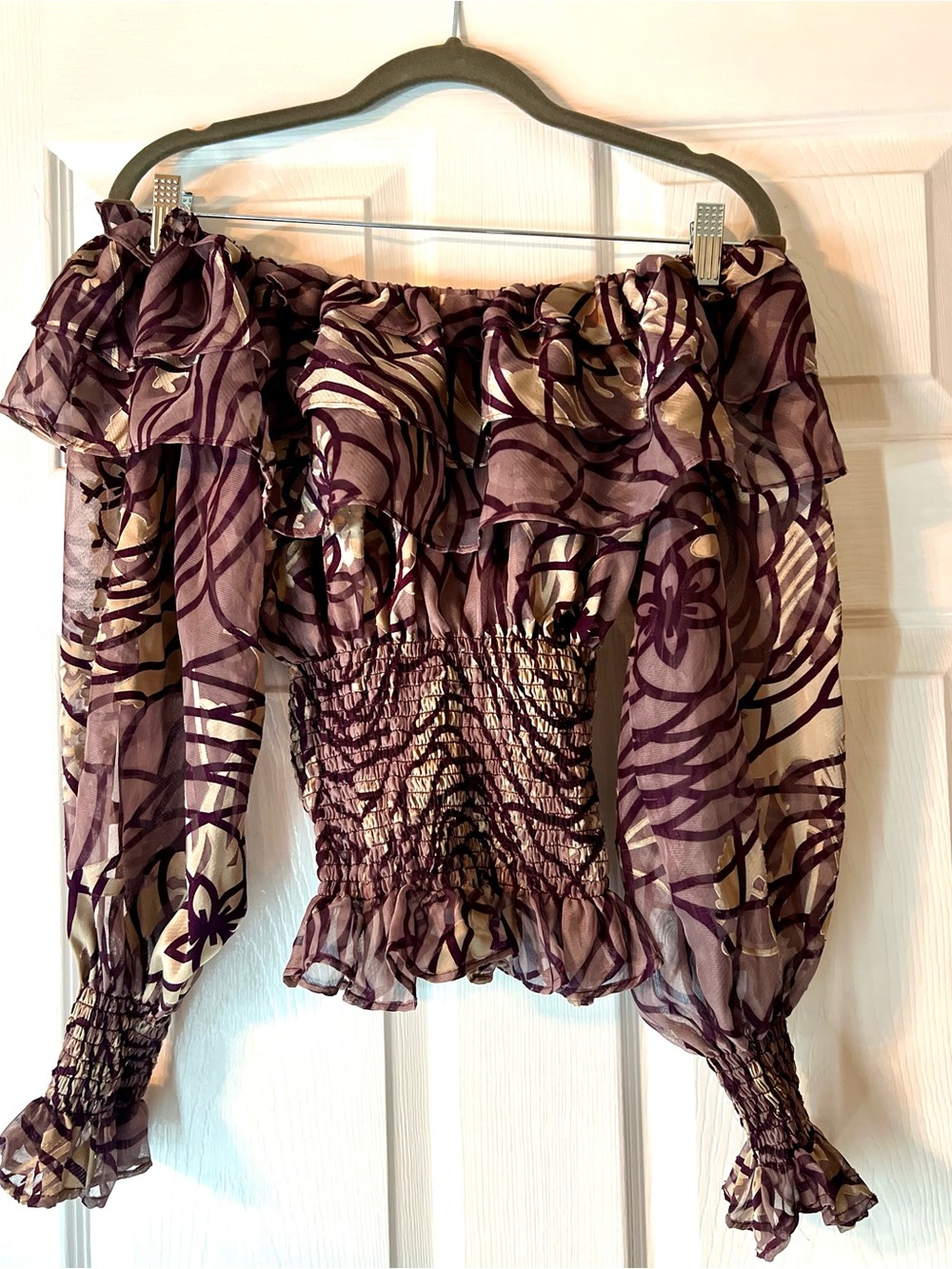 Women's Off-Shoulder Smocked Blouse in Purple Floral